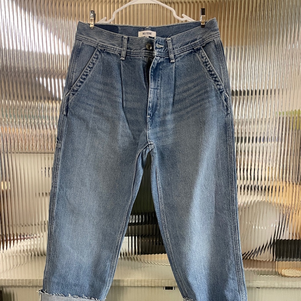 NWT 28 Waist RE/DONE Pleated Front Raw Hem UpCycled Denim Heritage Silhouette